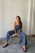 TENCEL CROP ASKILI BLUZ - ŞALVAR PANTOLON TK - İndigo resmi